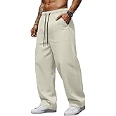 August Alley Men's Chino Pants Cotton Casual Wide Leg Pants Loose Fit Elastic Waist Drawstring Twill Trousers with Pockets(Apricot,Small)