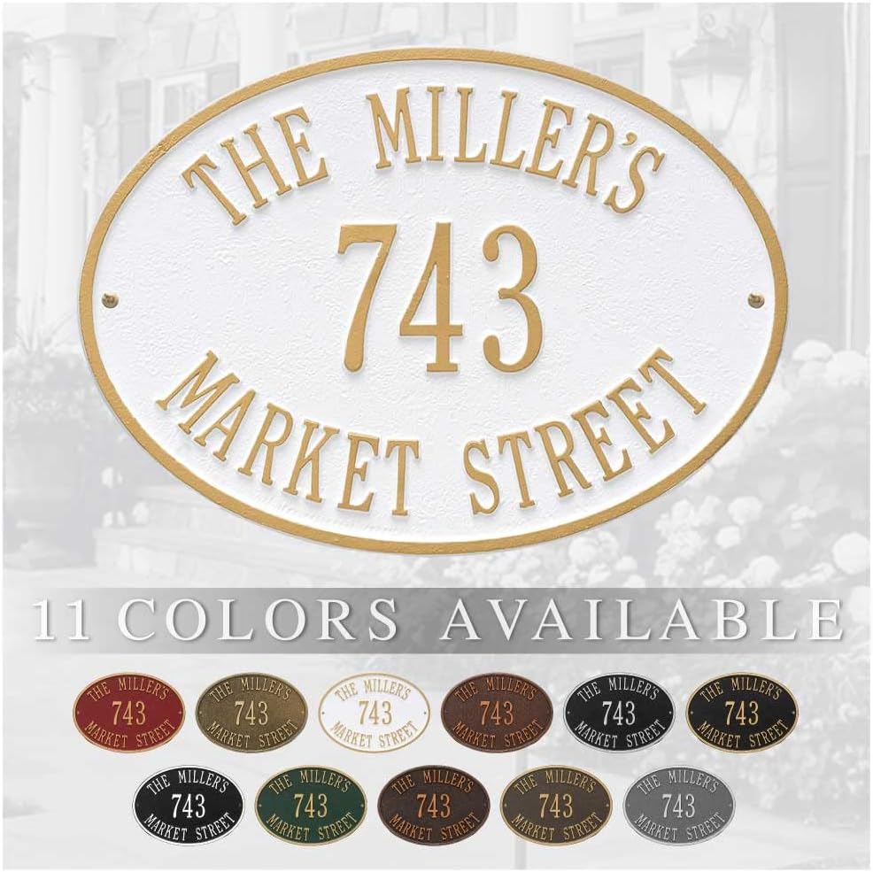 Plaques & Wall Art - Whitehall™ Personalized Cast Metal Address plaque - The Hawthorne Oval Plaque. Made in the USA. BEWARE OF IMPORT IMITATIONS. Display your address and street name. Custom house number sign.