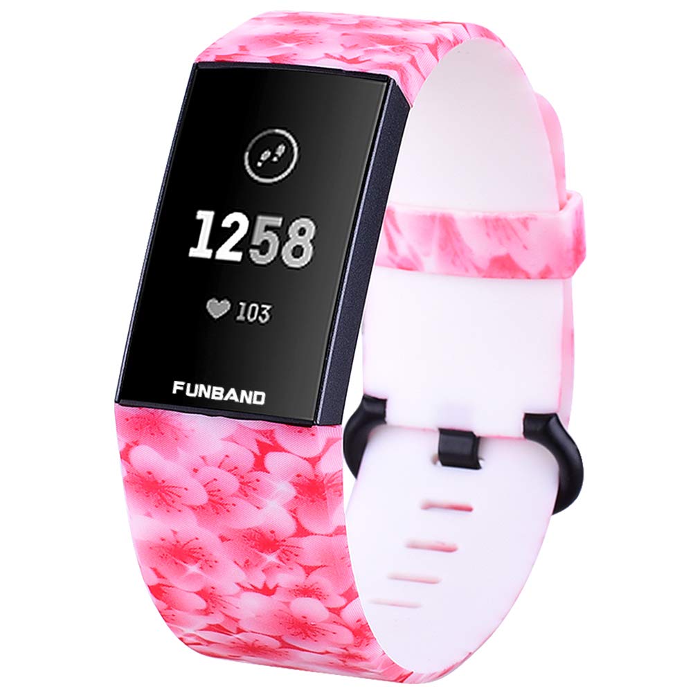 FunBand Compatible with Fitbit Charge 3/Charge 4 Strap Bands,Unique Elegant Floral Pattern Printed Soft Silicone Sport Adjustable Replacement Bracelet for Charge 3/Charge 4 Fitness Activity Wristband