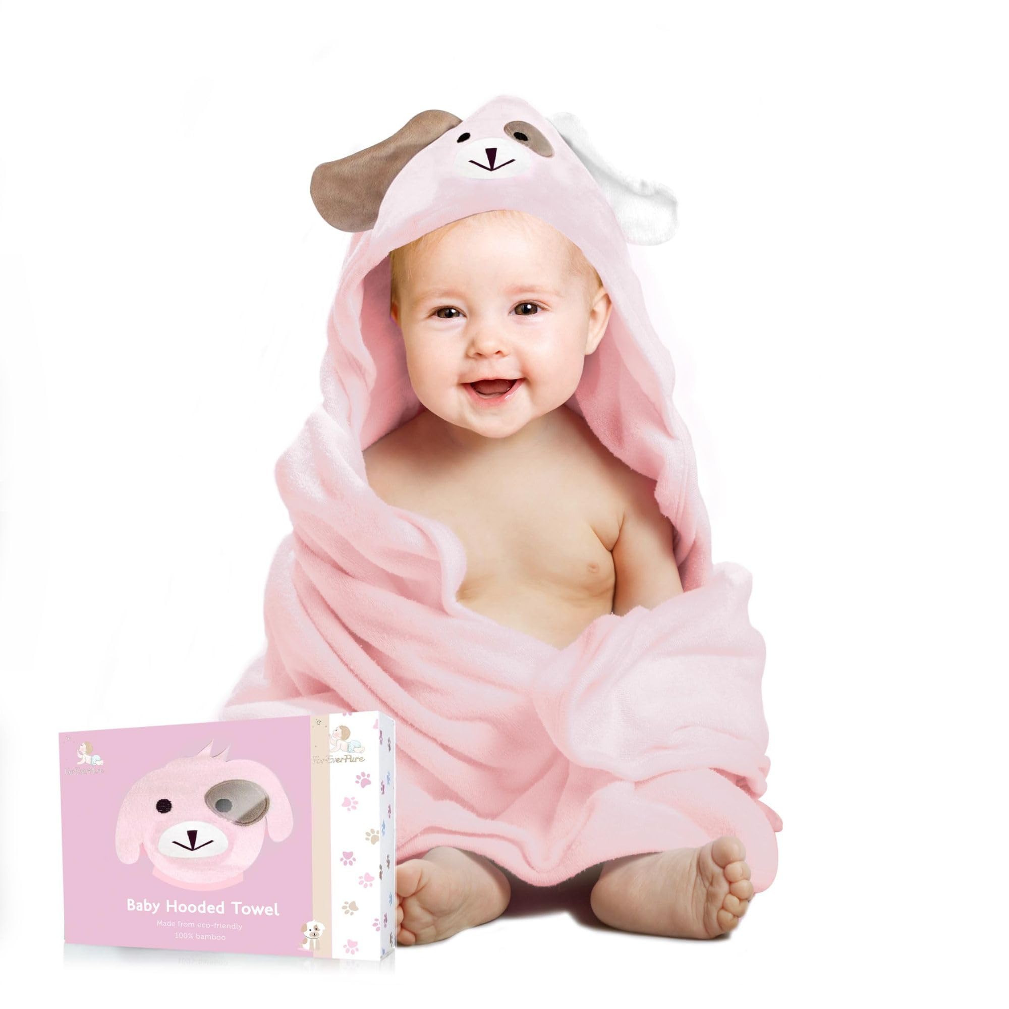 FOREVERPURE Premium Baby Hooded Towel Viscose Made of Bamboo, Super Absorbent, Design Girl and Boy. Ultra Soft, X-Large, 35 x 35 inches, Pink.