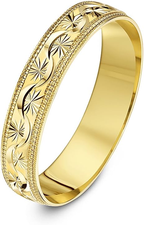 9 ct Yellow, White or Rose Gold, Garland Flowery Design with Millgrain/Beaded Edges, Polished, 5-7 mm Wedding Ring