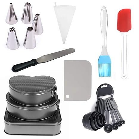 Shopoholic Combo of Set of 3 Teflon Coated Removable Cake Moulds, Set of 8 Measuring Cups and Spoons, Spatula, Brush, Scraper, Pallet Knife and 1 Icing Piping Bag with 5 Steel Nozzles