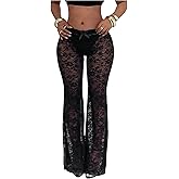 MakeMeChic Women's Valentines Day Outfit Black Lace Pants Bow Sheer Low Waisted Bell Bottom Pants