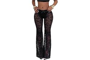 GORGLITTER Women's Floral Mesh Lace Pants Sexy Sheer See Through Rave Going Out Trousers Y2k Grunge Bell Bottoms
