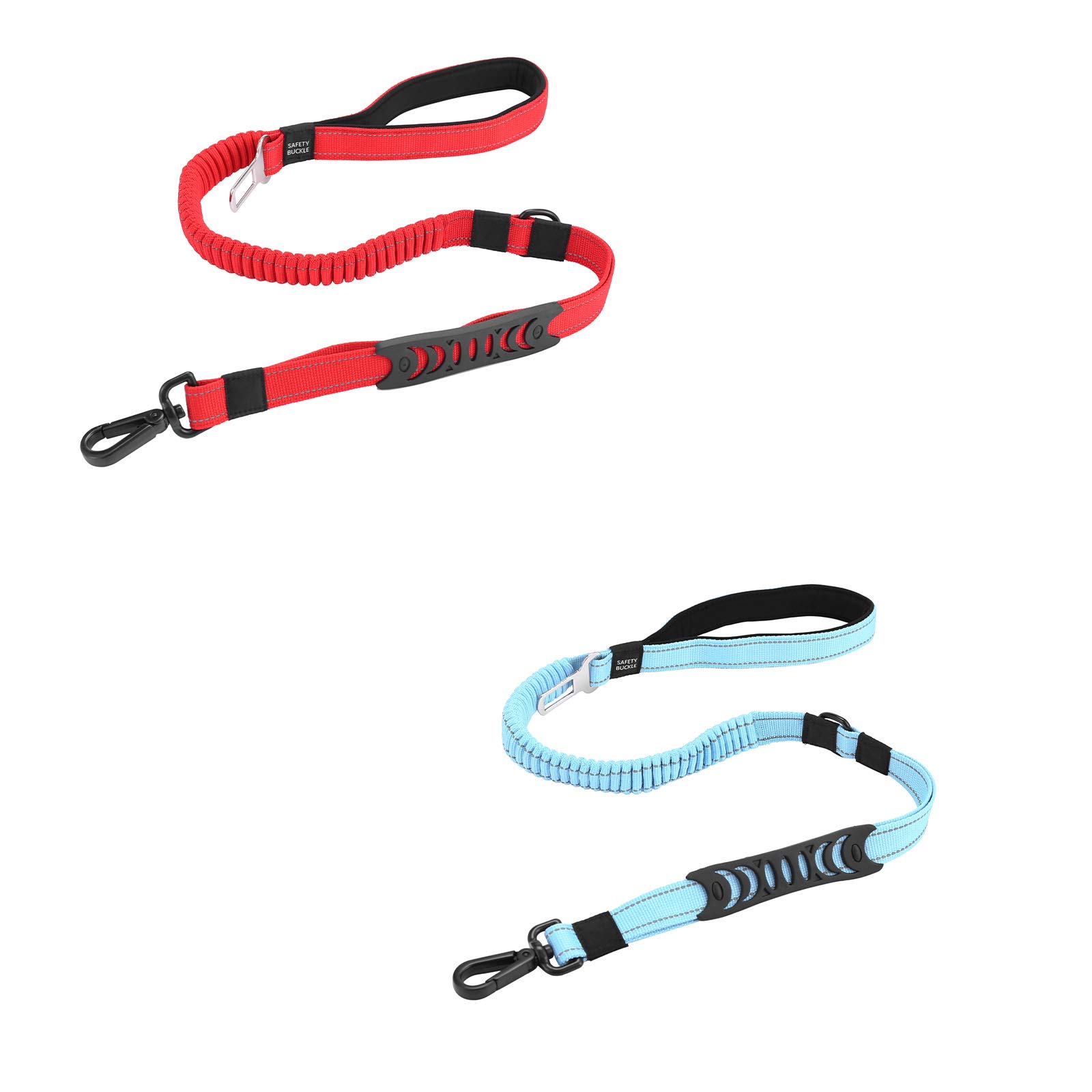 JHMY 3-in-1 Strong Bungee Dog Lead, 2 Packs No Pull Shock Absorbing Pet Leash with Car Safety Buckle, Elastic Dog Lead with Double Handles and Reflective Sewing (red+blue)