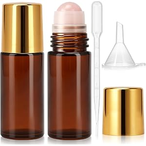 MITINU 2 Pack 30ml Rose Quartz Roller Bottles for Essential Oils | Refillable Amber Glass Roller Bottles with Natural Crystal