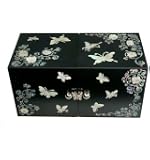 Boîte à Bijoux Laquée - Motif Pivoines Dorées Sur Fond Noir - Rangement Élégant Et Miroir - 21x14x7cm
