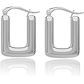 14K Gold/Silver Hoop Earrings for Women - Hypoallergenic 316L Stainless Steel Rectangular Earring Latch Back Minimalist Jewelry Gift for Birthday Anniversary