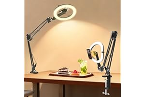 Ring Light with Phone Holder for Desk Overhead Camera Mount, Flexible Articulating 5000mAh Circle Lamp Table Tripod, iPhone S