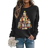 FCDIED Christmas Books Tree Sweatshirt Women Teachers Love Reading Xmas Gift Tee School Christmas Holiday Casual Pullover Top