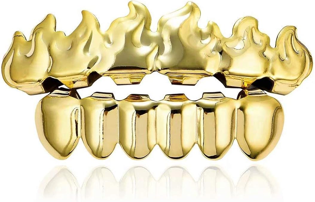 WOGOU 18K Gold Plated Grillz for Mouth Top Bottom Hip Hop Flame Teeth