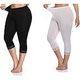Kotii Women's Plus Size Lace Trim Capri Leggings Stretch Crop Leggings Summer Tights Pants