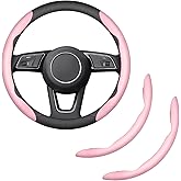 HHZL 2-Piece Steering Wheel Cover, Carbon Fiber Segmented Steering Wheel Protector, Universal and Anti-Slip Durable Car Leather Protective Cover, Car Interior Accessories for Women and Men (Pink)