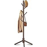 Azaeahom Wooden Coat Rack, Free Standing Coat Rack with 8 Hooks 3 Adjustable Heights for Clothes, Hats, Handbags, Coat Tree E