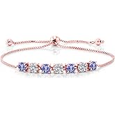 Gem Stone King Gemstone Birthstone and White Lab Grown Diamond Tennis Bracelet For Women | 18K Rose Gold Plated Silver | Round Cut 4.5MM | Adjustable Bolo Bracelet For Women | Easy-On Easy-Off