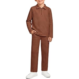 Haloumoning Boys 2 Piece Outfits Athletic Textured Polo Shirt and Pants Set | Geometric Texture, Long Sleeve Polo Shirts, Ela
