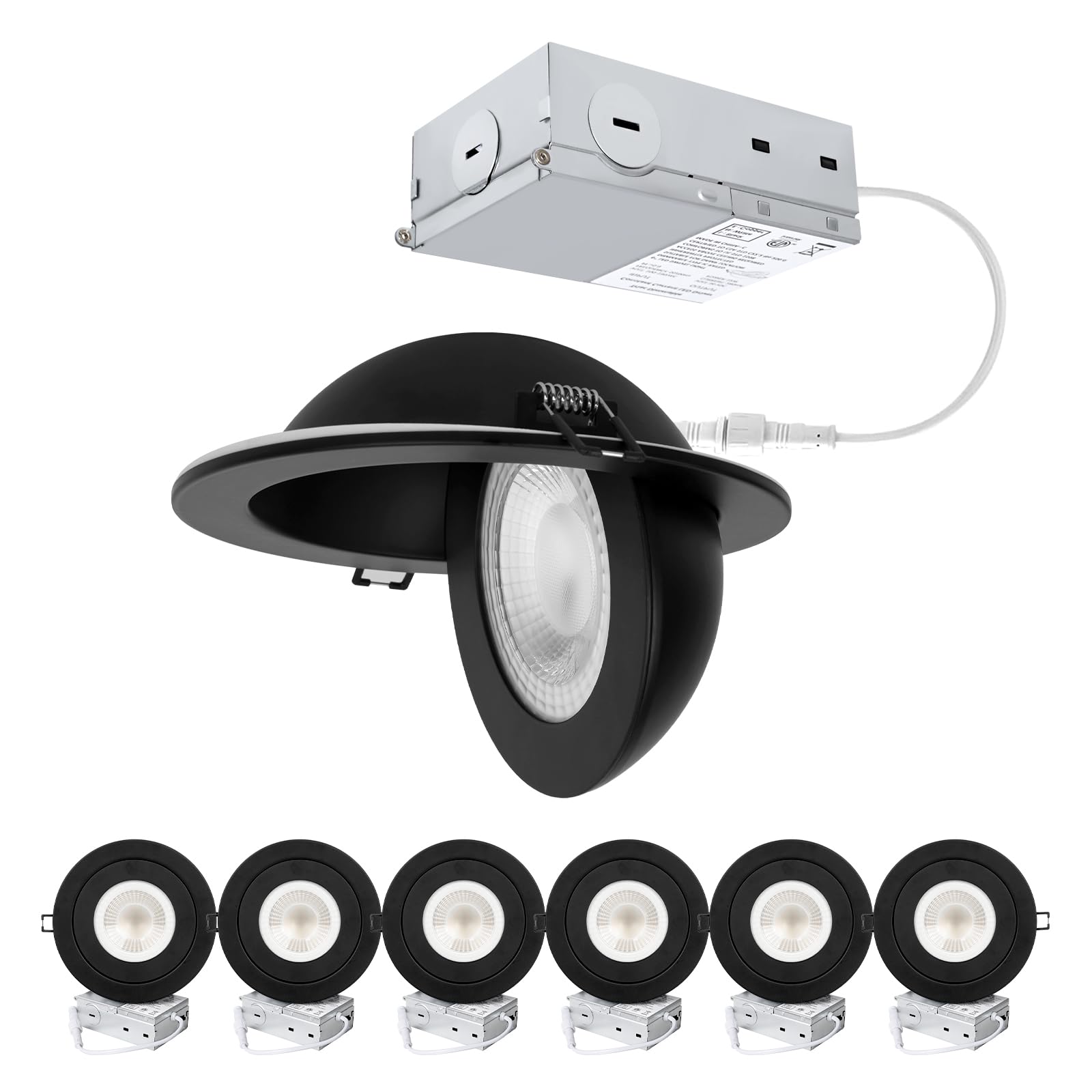 Photo 1 of POPANU Recessed Lighting 6 inch - 12W Gimbal Light Eyeball Sloped Ceiling Recessed Spotlight 1300lm Black Trim 90° Tilt Swivel Soffit Wafer Lights 5CCT Adjustable Indoor Dimmable Black 6 inch 6 Pack4