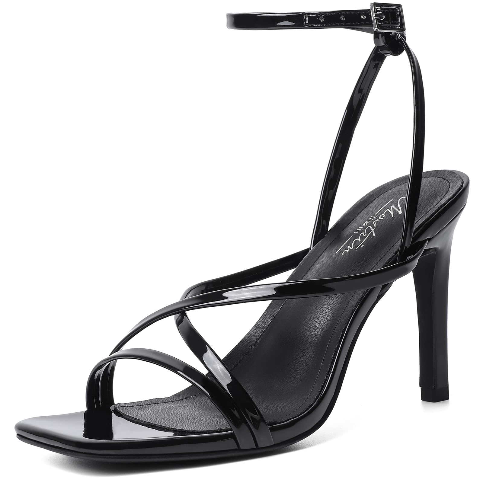 Photo 1 of Mostrin Black Strappy Heels for Women Square Open Toe Lace Up Heeled Sandals Ankle Strap Sexy Stiletto High Heels for Party, Prom, Dating Size 8