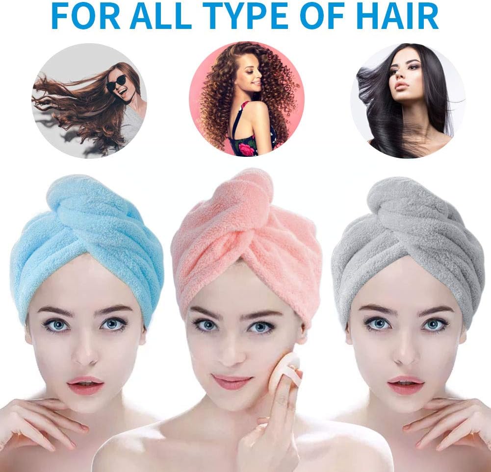 Microfiber Hair Towel with Button - pocova Original Magic Instant Hair Dry Wrap for Women Rapid Drying Hair Turban, 3 Pack Hair Care Cap for a Bath 3 Color (Blue Pink and Grey): Kitchen & Dining