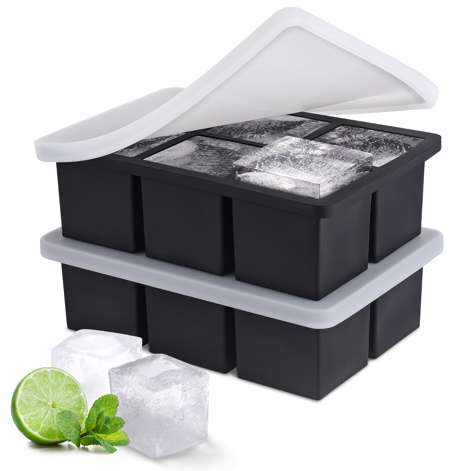 Ice Cube Tray, Large Ice Cube Moulds for Easy Release, Large Silicone Ice Cube Tray with Lid for Freeze, Stackable Square Ice Tray for Cocktails Whiskey Juice Coffee 【6 Square 2 Pack】