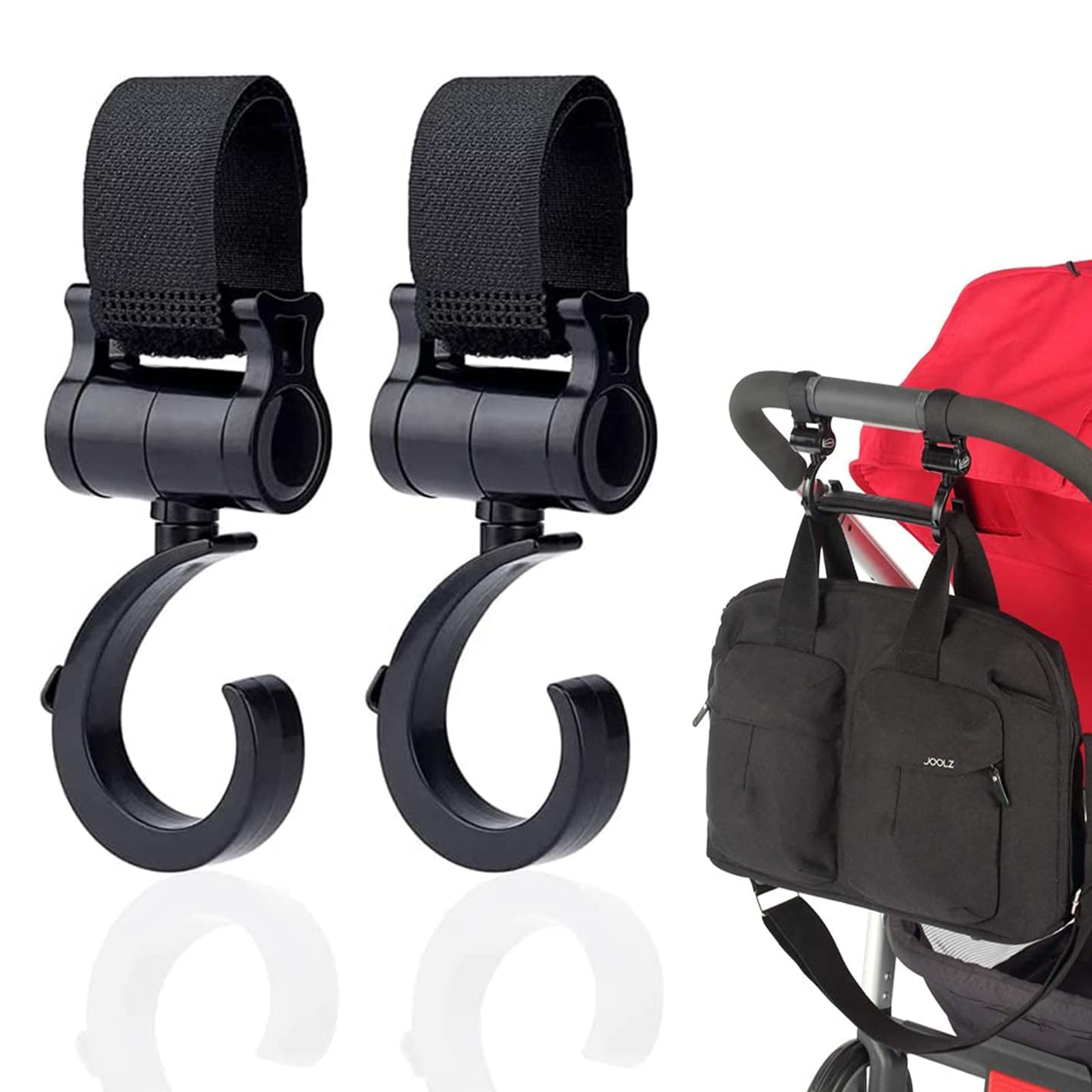 2 Pack Multifunctional Stroller Accessories - Rotating Pushchair Hooks for Hanging Bags & Clothing, Durable Pram Organisers with Secure Clips, Universal Fit for Baby Buggies & Trolleys (Black)