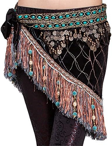 Belly Dance Velvet Waist Chain Hip Scarf Tassel Belt Tribal Hip Scarf Skirt (Blue)
