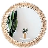 Poeme Boho Wall Mounted Round Mirror - 15 Inch Circle Rattan Decorative Hanging Mirror for Bedroom, Living Room & Bathroom