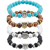 SUPERFINDINGS 4 Styles Owl Bracelets Set Healing Energy Lucky Stone Bracelets Owl Charm Beaded Bracelets Stretch Anxiety Bracelet Set Couple Bracelets Gifts for Women