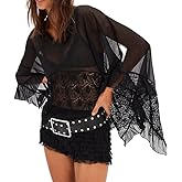 Women Sheer Poncho Top Long Sleeve Solid Color Chiffon Flowy Going Out Cover Up