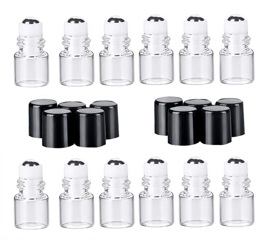 12 Pcs 1ml Mini Clear Glass Roll-on Bottles Empty Refillable Essential Oil Glass Roller Ball Bottle Perfume Lip Gloss Cosmetic Sample Vials Container with and Black Cap
