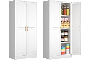 Polup Kitchen Pantry Cabinet, 60 Inch Tall Pantry Storage Cabinet with Doors and Adjustable Shelves, Metal Storage Cabinet with Golden Handles for Dining, Living Room, Assembly Required, White