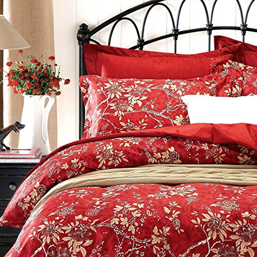 Red Floral Duvet Cover Set, Vintage Flowers Pattern Printed, Soft Microfiber Bedding with Zipper Closure (3pcs, Full Size)