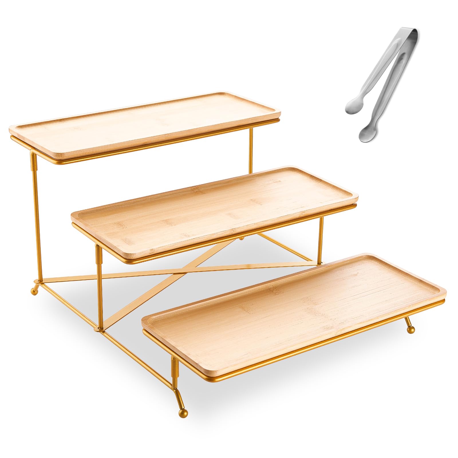 Photo 1 of CHILDIKE 3 Tier Serving Tray Set Tiered Serving Platters, Dessert Table Display Set, Serving Dishes for Entertaining, Collapsible Sturdier Stand with Stable Cross Bars (14 Inch Bamboo+Gold Stand)