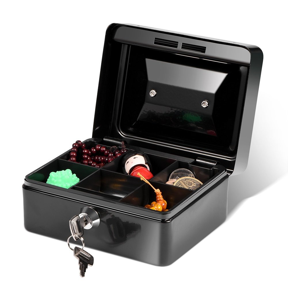 DEWIN Lockable Cash Tin - Lockable Money Tin Mini Portable Steel Petty Lockable Cash Money Coin Safe Security Box Household 1Pc (Black)