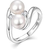 JO WISDOM Pearl Ring,925 Sterling Silver Cubic Zirconia Women's Rings with Two Pearls 7mm White Freshwater Cultured Pearl