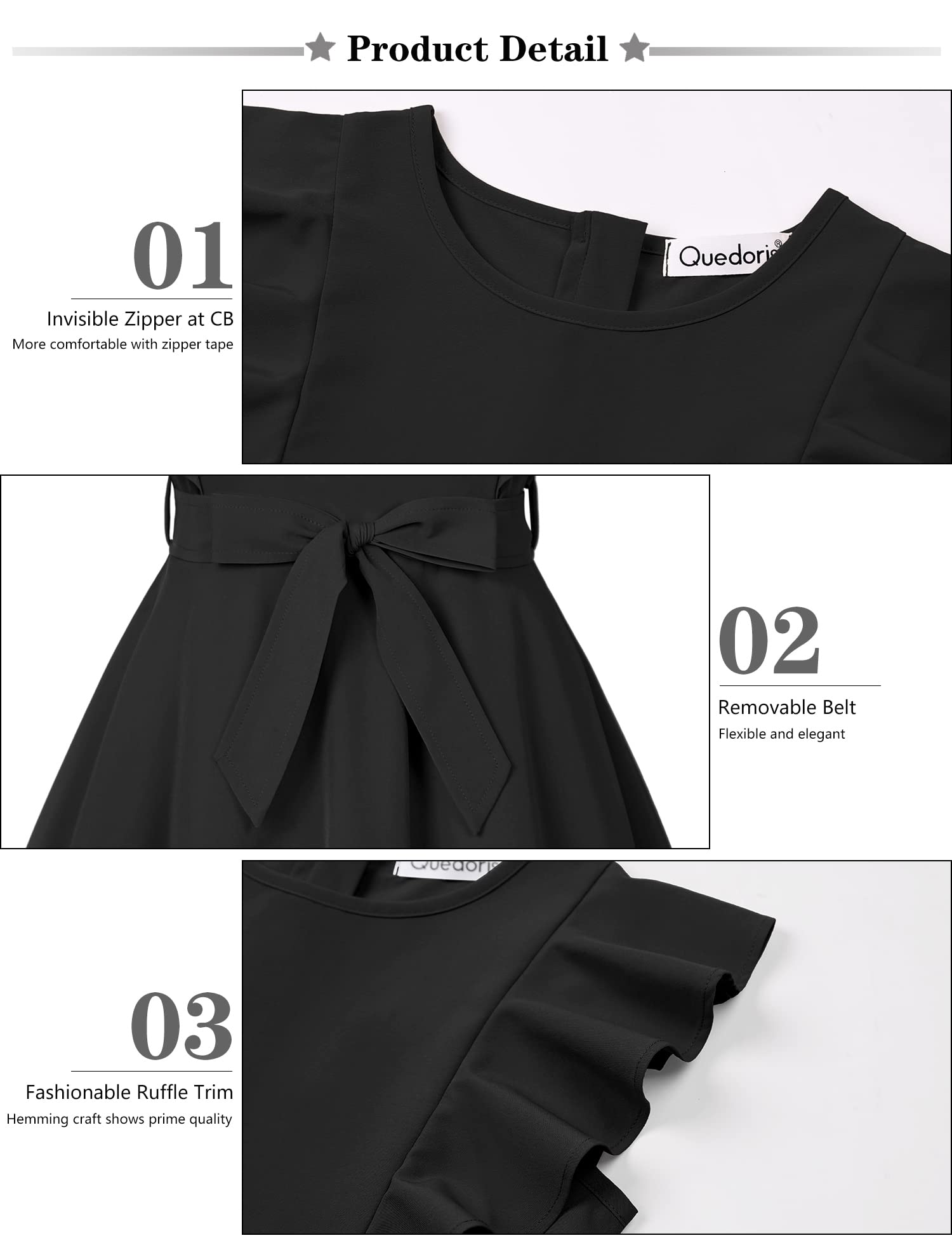 Quedoris Girls Ruffle Trim Dress Print and Solid Color A-line Swing Flared Belted Casual Party Dress with Zipper