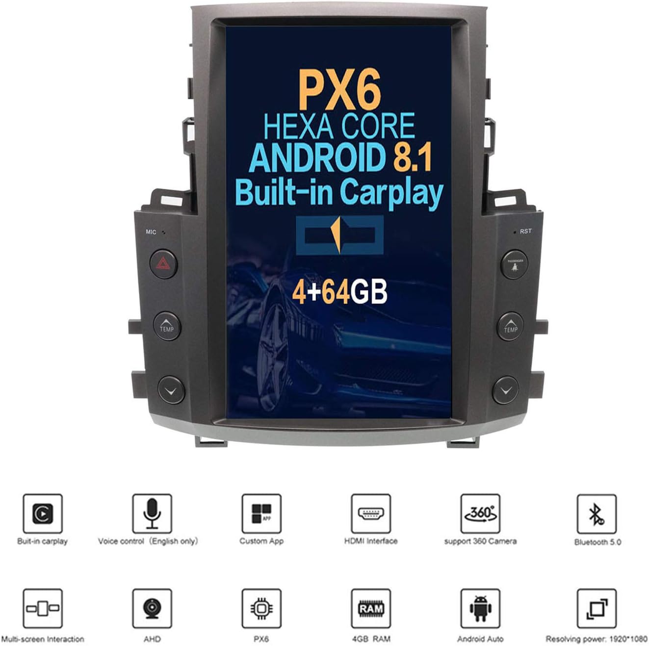 Autostereo 13.6 inch Vertical Screen Andriod 8.1 One Din Car Stereo Sat Nav Bluetooth GPS Navigation For Lexus LX570 2007-2015 Adapter Head unit Wifi Carplay (4GB RAM 64GB ROM)