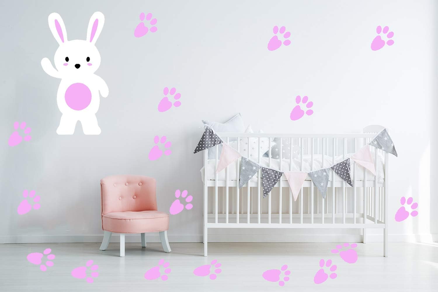 MAFENT Easter Vinyl Wall Decal DIY Easter Game Large Welcome Bunny Cute Rabbit Footprints Stickers for Easter Party Signs Floor Window Nursery Room Wall Decor (White,Pink)