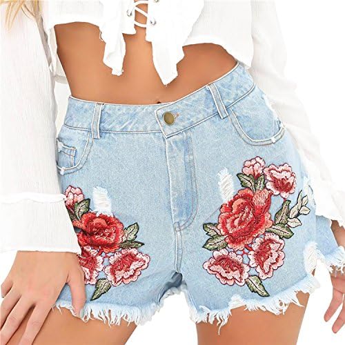 ELENYUN Women's Summer High Waist Denim Shorts Fashion Rose Embroidery Ripped Fishnet Shorts Jeans