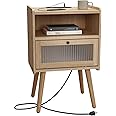 Mid Century Modern Nightstand with Charging Station, Bedside Tables with Glass Door, End Table Side Table with 2 Tiers Storage Space, for Bedroom, Living Room, Natural