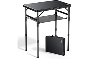 Anbte 2ft Small Folding Camping Table, Waterproof Flat Plastic Tabletop 3 Adjustable Height Portable Camping Table with Stora