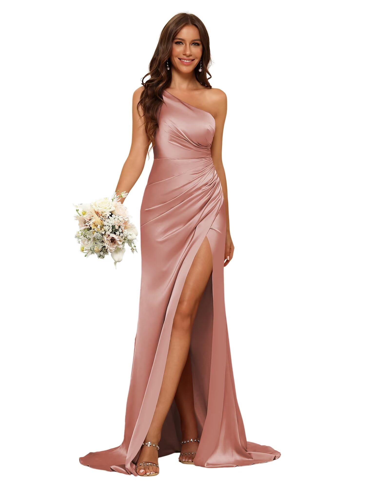 Sweetheart Beaded Straps Ruched Dress With Slit Dusty Rose