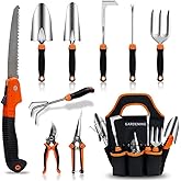 QINGFANGLI Garden Tool Set,10 PCS Stainless Steel Heavy Duty Gardening Tool Set with Soft Rubberized Non-Slip Ergonomic Handl