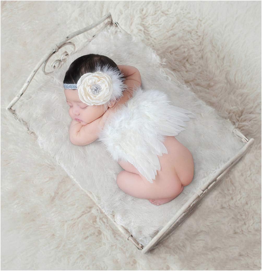 Newborn Photography Props with Angel Wings Chic Flower Lace Headband for Baby Girl Boy Toddler Camera Photo Accessories Posing Backgroud Cute Cupid Costume Outfit Children's Day Party Birthday Gift