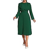 Elainone Women Pleated Midi Dress Long Sleeve Party Wedding Guest Pleated Dress Semi Formal Business Casual Dresses