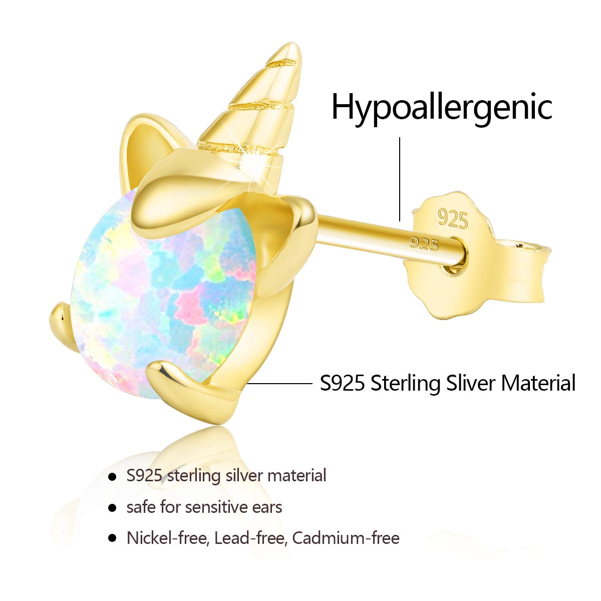 Unicorn Earrings for Girls, Hypoallergenic Fire Opal Stud Earrings ARSKRO S925 Sterling Silver with Gold Mini Tiny Cute Earring Jewelry Gifts for Kids Women