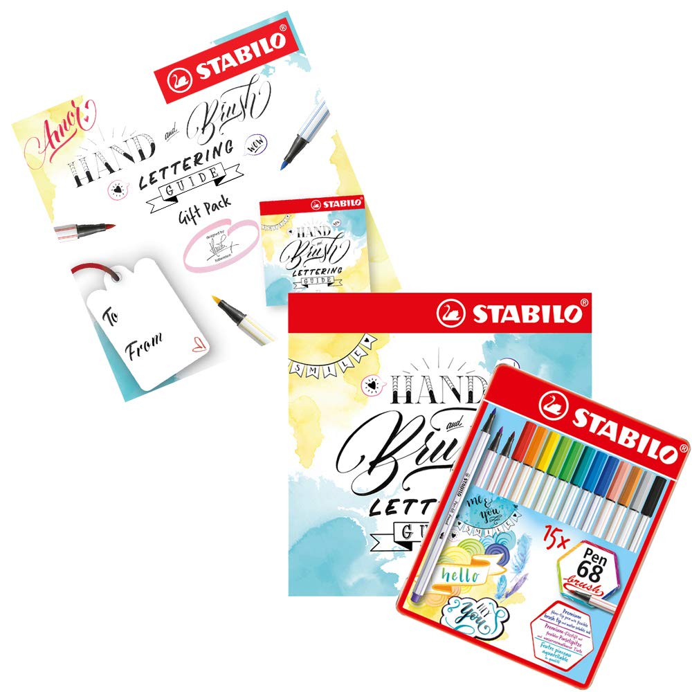 STABILO Brush Pens with Hand Lettering Guide Pen 68 brush Tin of 15 Assorted Colours + How to Hand Letter Guide