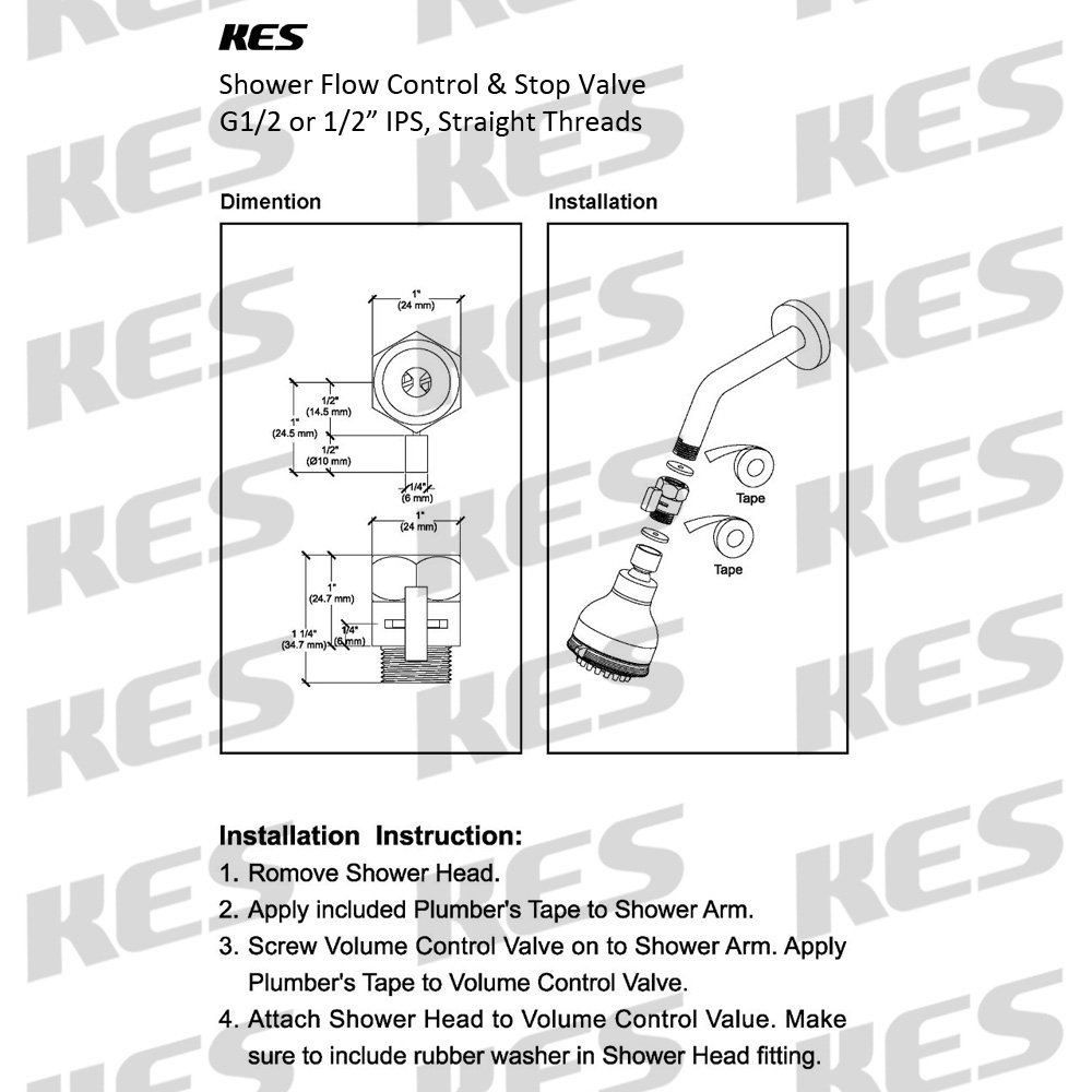 KES K1140B3 Shower Head ShutOff Valve Brass with Metal Handle