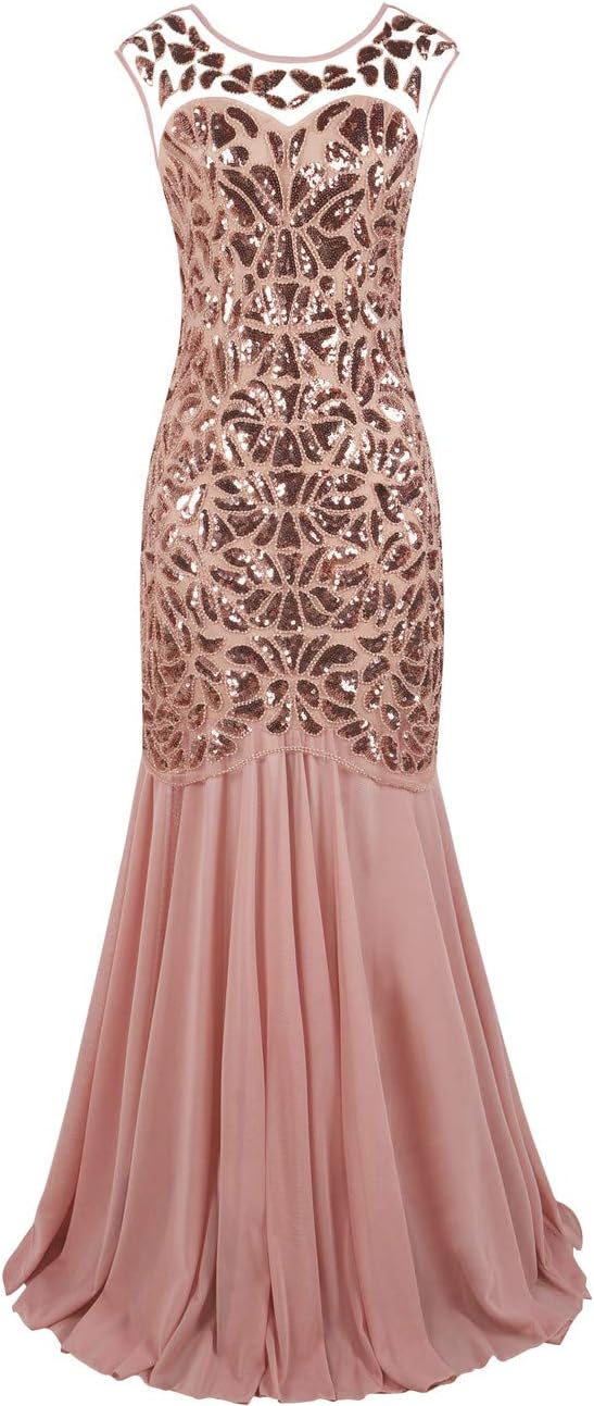 kayamiya Women's 20s Beaded Floral Maxi Long Gatsby Flapper Prom Dress 1X Pink