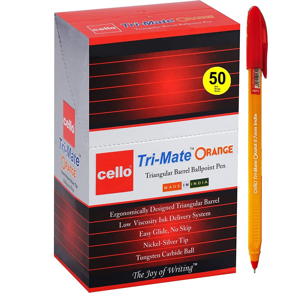 Cello Tri-Mate Orange Ballpoint Pens Medium Point Biro, (Red, Pack of 50)